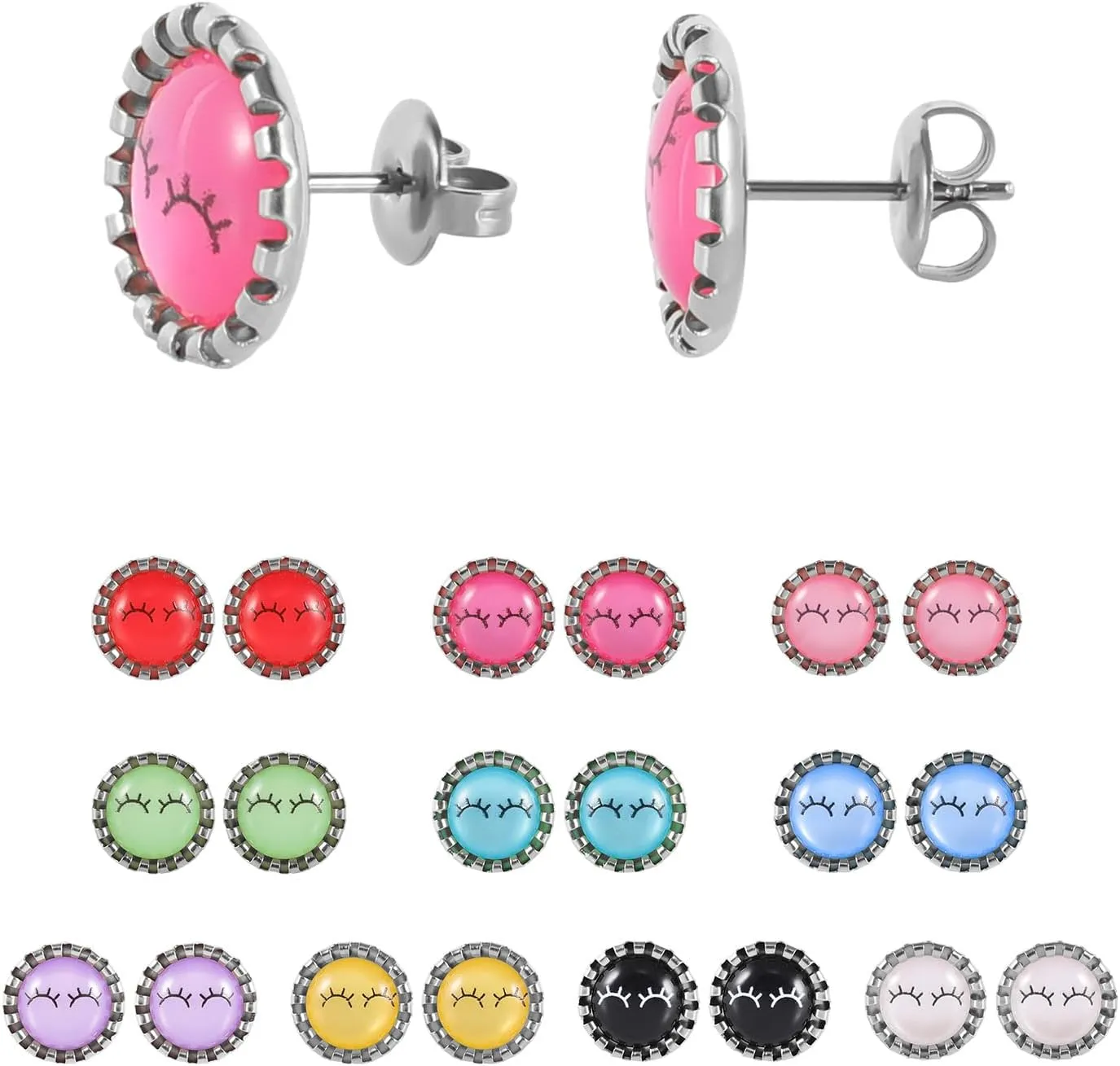 12 Pairs Colored Cat's Eye Gemstone Stud Earrings, 18K Gold Plated Surgical Stainless Steel Multicolor Gem Stone Stud Earrings Set for Women