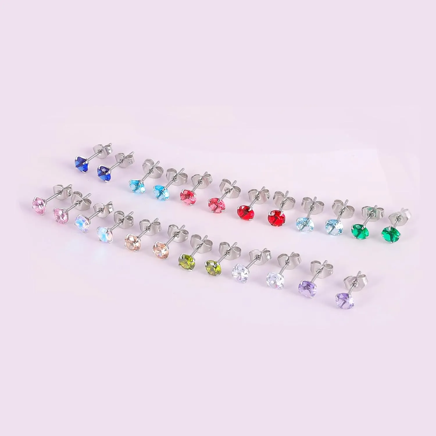 12 Pairs Surgical Stainless Steel Birthstone Cubic Zirconia Stud Earrings, Gold Plated Round Star Heart Square Princess Cut CZ Stud Earrings Set