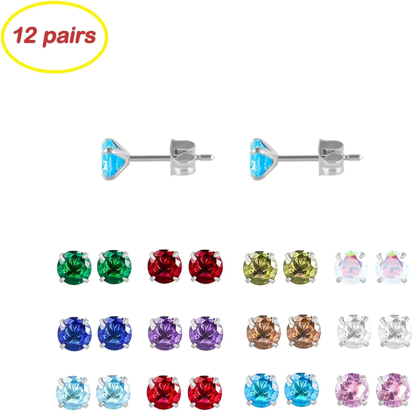 12 Pairs Surgical Stainless Steel Birthstone Cubic Zirconia Stud Earrings, Gold Plated Round Star Heart Square Princess Cut CZ Stud Earrings Set