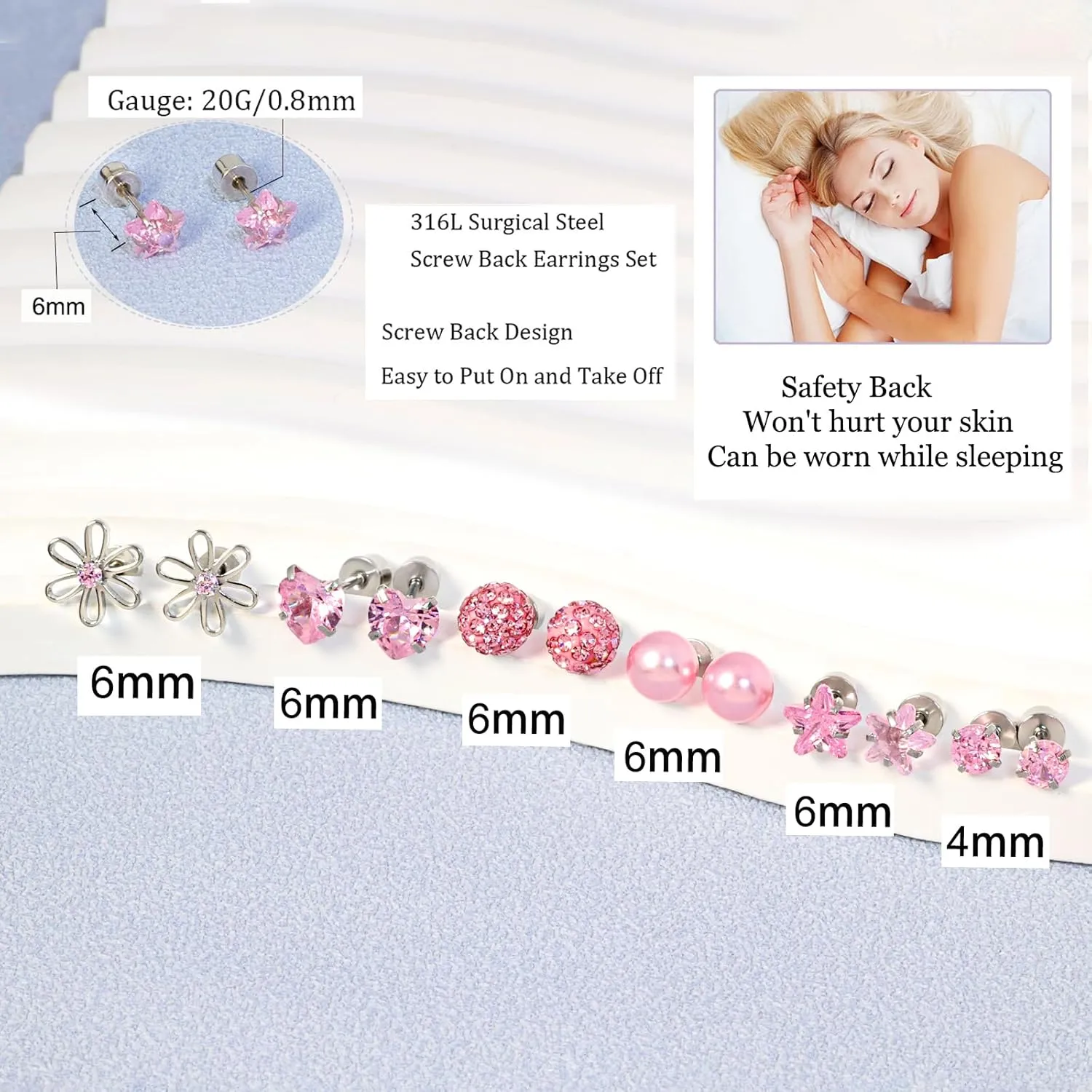 12 Pairs Toddler Earrings,Hypoallergenic Titanium Screw Back Earrings for Girls Women,Surgical Stainless Steel Cute Flower Pearl Star Cubic Zirconia Flat Back Stud Earrings for Sensitive Ears