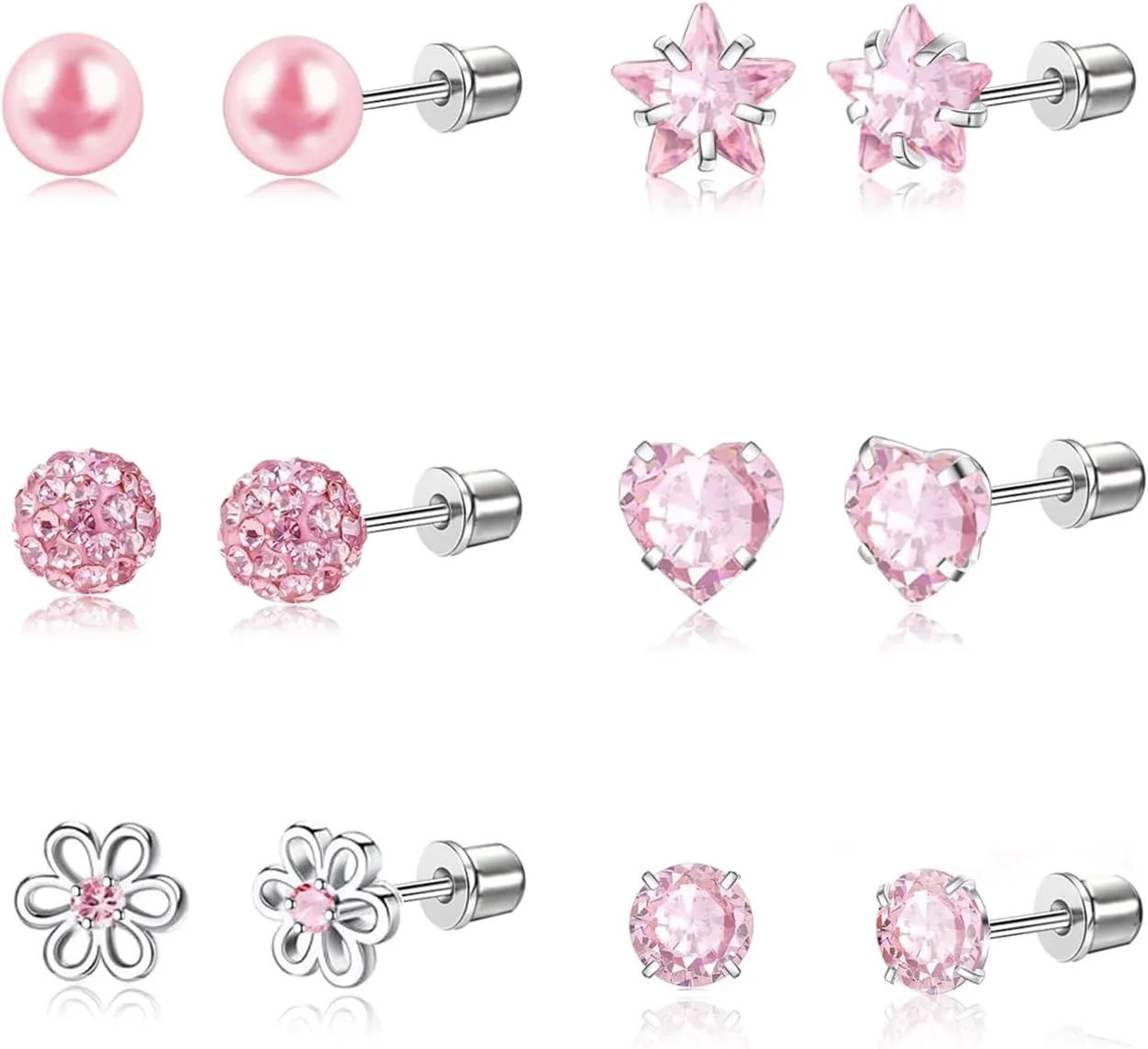 12 Pairs Toddler Earrings,Hypoallergenic Titanium Screw Back Earrings for Girls Women,Surgical Stainless Steel Cute Flower Pearl Star Cubic Zirconia Flat Back Stud Earrings for Sensitive Ears