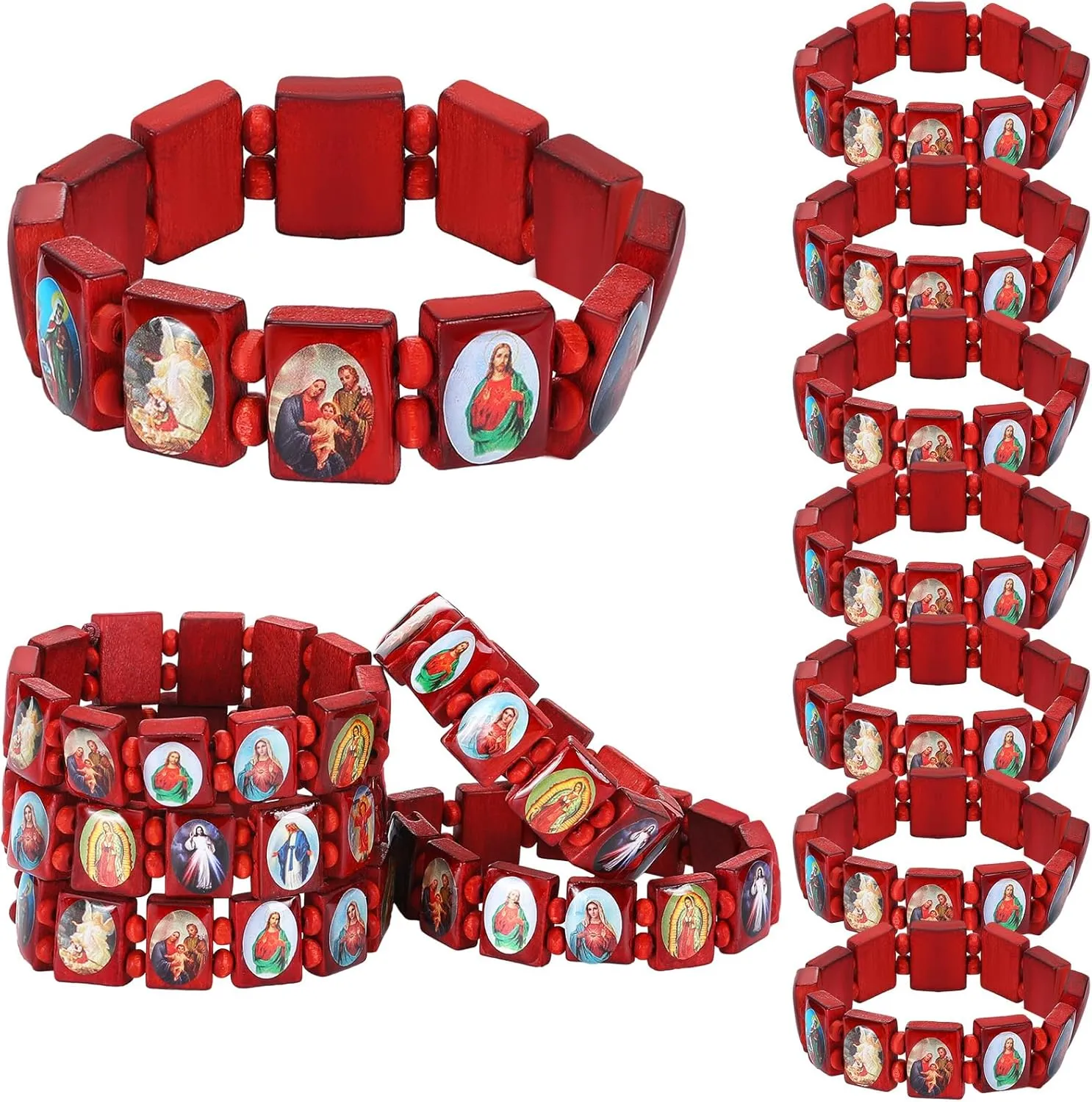 12 Pcs Devotional Catholic Religious Wood Stretch Bracelets Wooden Jesus Virgin Mary Bracelets with Images of Christian Saints Rosary Religious Saints Jesus Gift for Women Men
