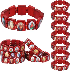 12 Pcs Devotional Catholic Religious Wood Stretch Bracelets Wooden Jesus Virgin Mary Bracelets with Images of Christian Saints Rosary Religious Saints Jesus Gift for Women Men