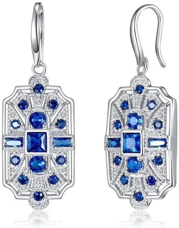 1.45 Ct Princess Cut Lab Created Blue Sapphire & Diamond Vintage Art Deco Drop & Dangle Hook Earrings 14K White Gold Plated