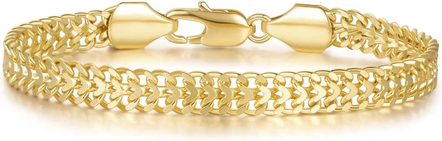14K Gold Bracelets For Women Men Non Tarnish Gold Cuban Link Chain Dense Double-Row Design Fixed Sizes Mens Charm Bracelet Womens Ideal for Gift Trendy Jewelry 6.5, 7, 7.5, 8, 8.5in