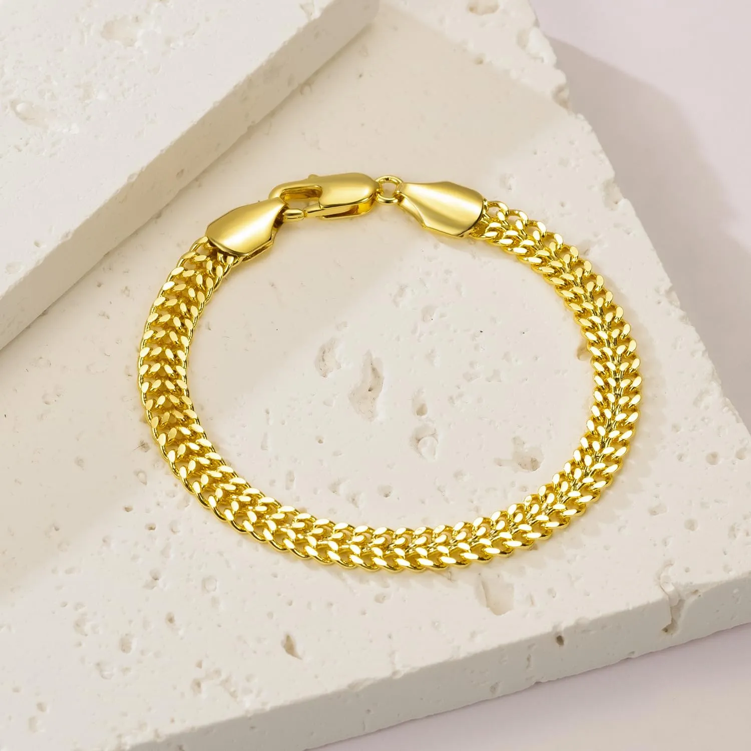 14K Gold Bracelets For Women Men Non Tarnish Gold Cuban Link Chain Dense Double-Row Design Fixed Sizes Mens Charm Bracelet Womens Ideal for Gift Trendy Jewelry 6.5, 7, 7.5, 8, 8.5in