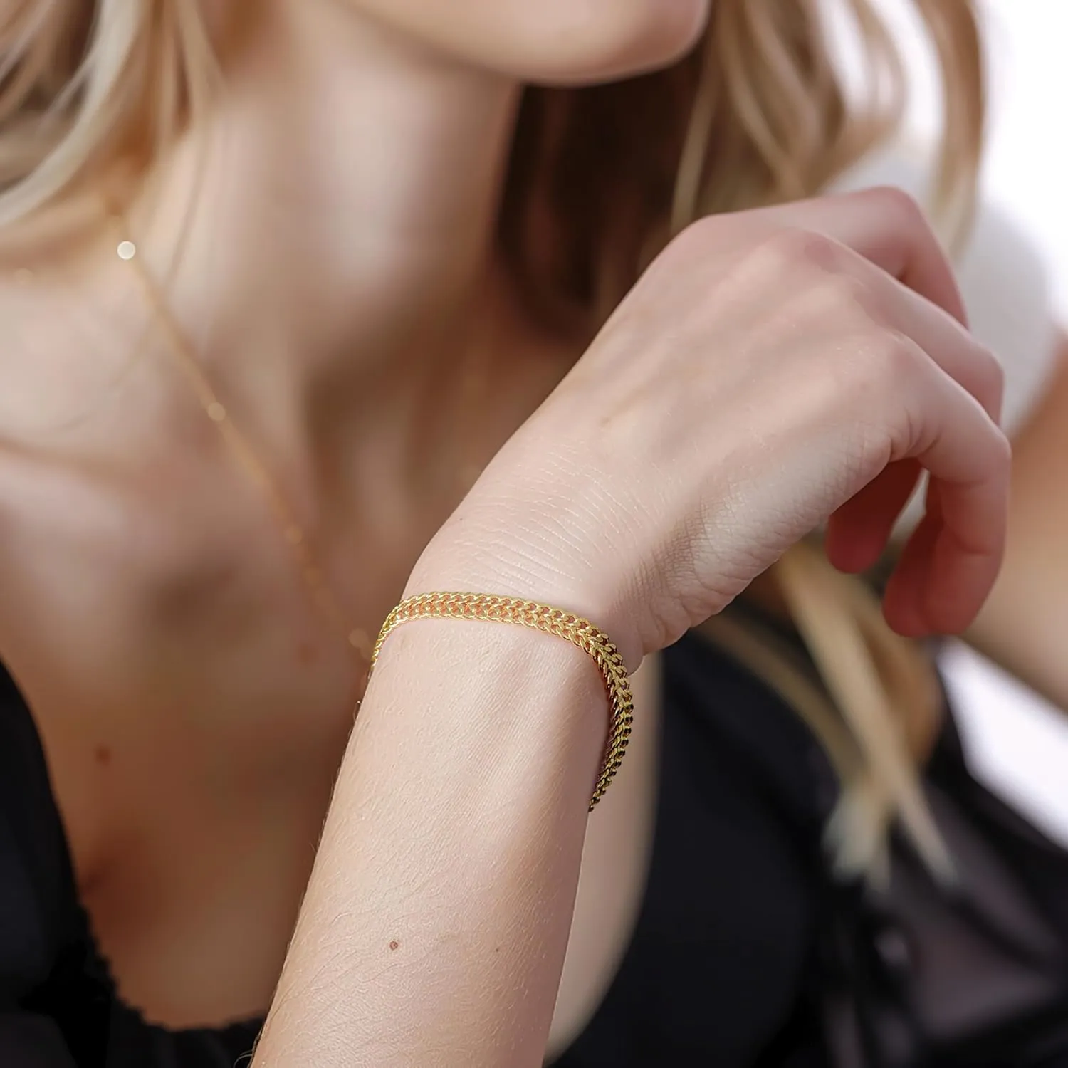 14K Gold Bracelets For Women Men Non Tarnish Gold Cuban Link Chain Dense Double-Row Design Fixed Sizes Mens Charm Bracelet Womens Ideal for Gift Trendy Jewelry 6.5, 7, 7.5, 8, 8.5in