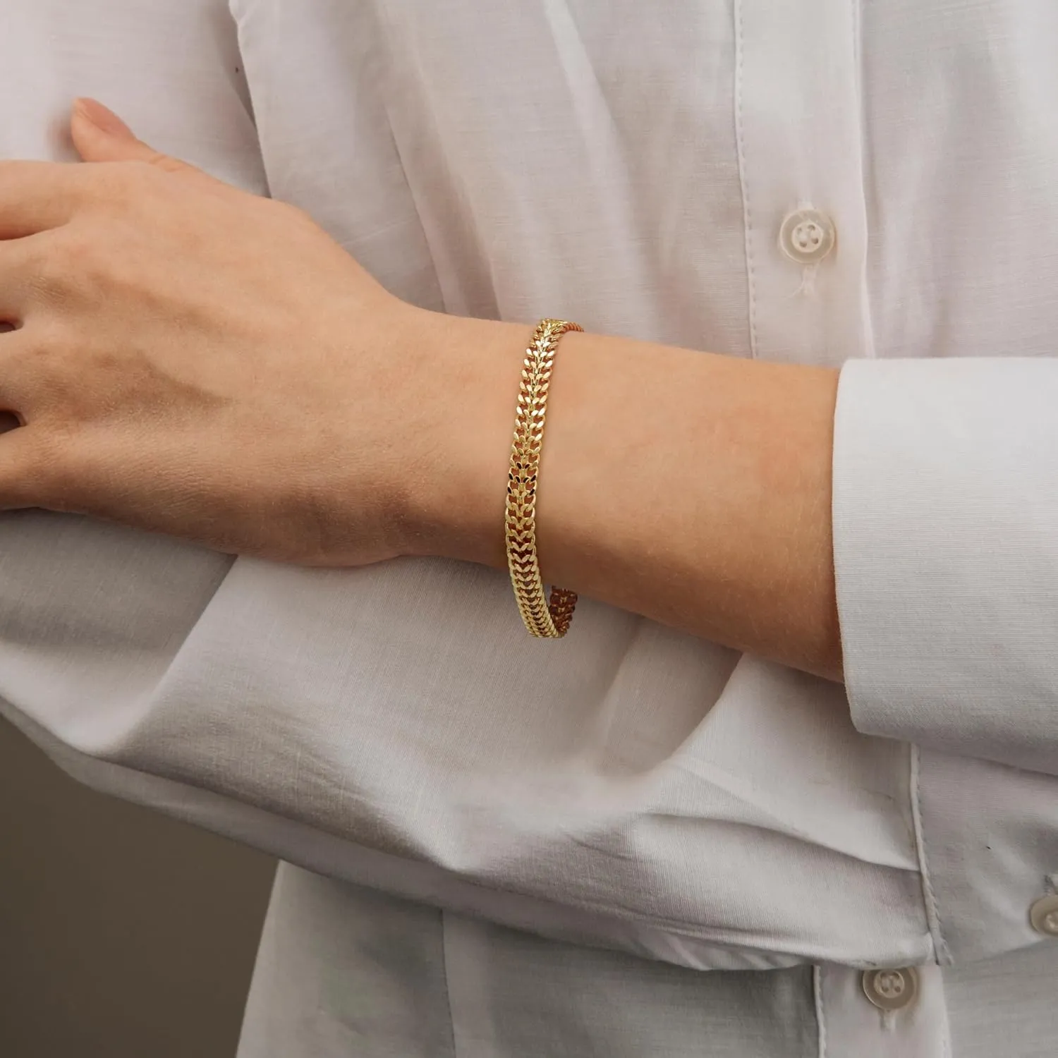 14K Gold Bracelets For Women Men Non Tarnish Gold Cuban Link Chain Dense Double-Row Design Fixed Sizes Mens Charm Bracelet Womens Ideal for Gift Trendy Jewelry 6.5, 7, 7.5, 8, 8.5in