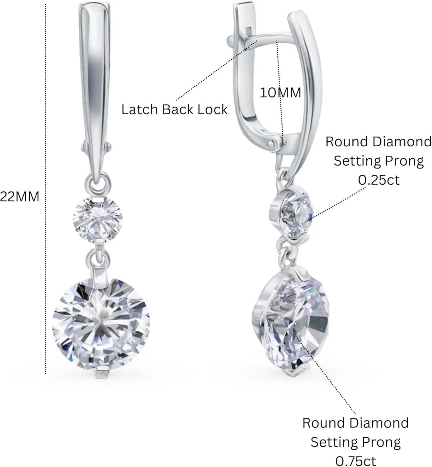 14K Gold Double Diamond Drop Huggie, Elegant Dangle Hoop Earring with Round Clear Stone, Leverback Design, Wedding Jewelry, Gift for Her.