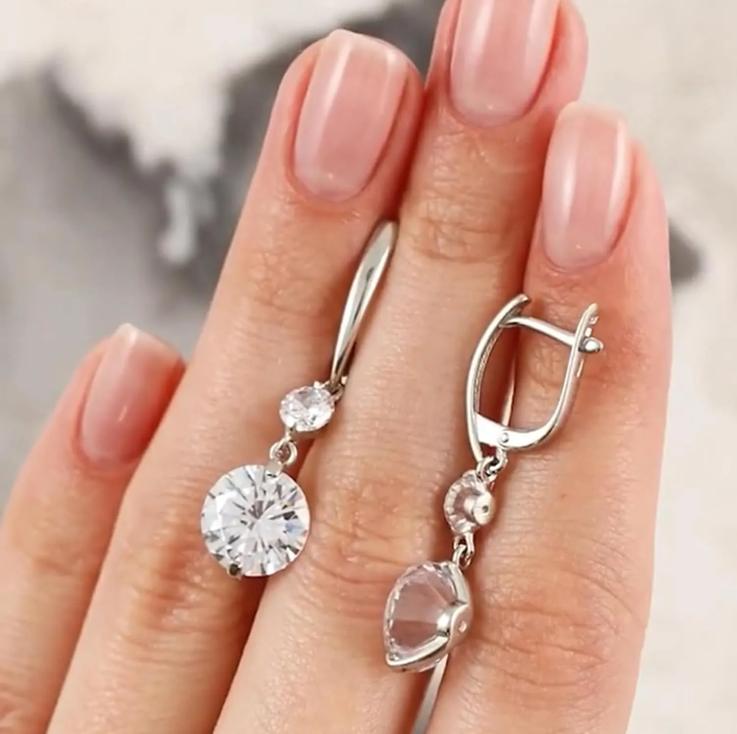 14K Gold Double Diamond Drop Huggie, Elegant Dangle Hoop Earring with Round Clear Stone, Leverback Design, Wedding Jewelry, Gift for Her.