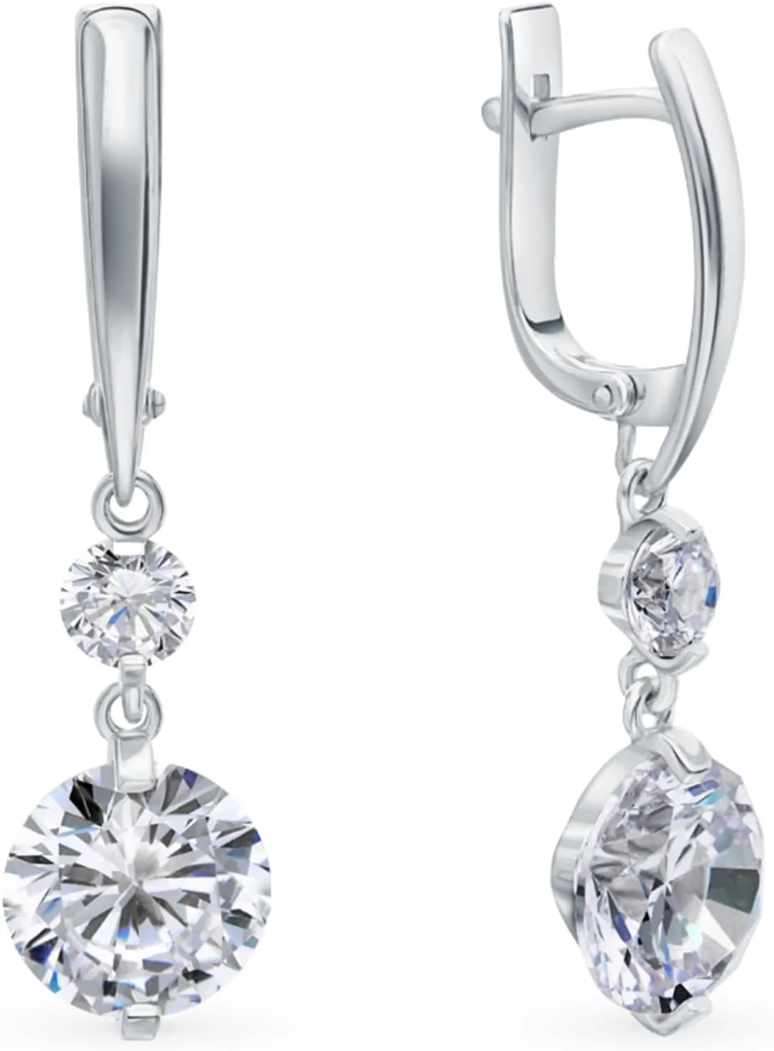 14K Gold Double Diamond Drop Huggie, Elegant Dangle Hoop Earring with Round Clear Stone, Leverback Design, Wedding Jewelry, Gift for Her.