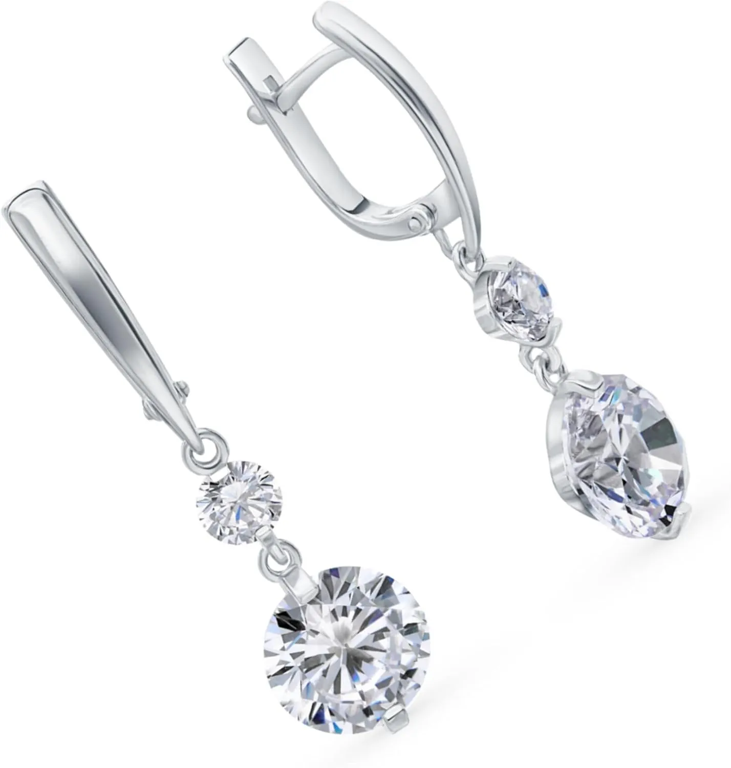 14K Gold Double Diamond Drop Huggie, Elegant Dangle Hoop Earring with Round Clear Stone, Leverback Design, Wedding Jewelry, Gift for Her.