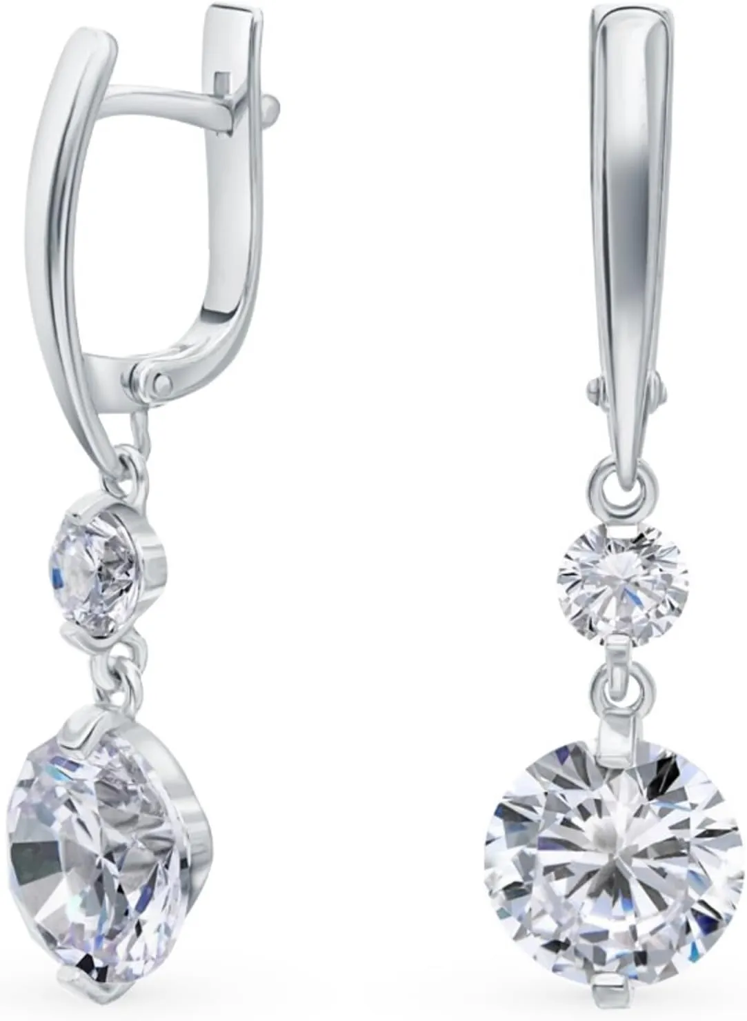 14K Gold Double Diamond Drop Huggie, Elegant Dangle Hoop Earring with Round Clear Stone, Leverback Design, Wedding Jewelry, Gift for Her.