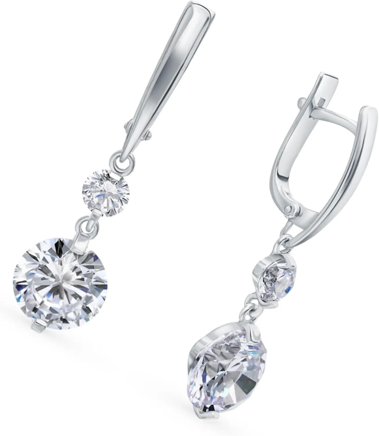 14K Gold Double Diamond Drop Huggie, Elegant Dangle Hoop Earring with Round Clear Stone, Leverback Design, Wedding Jewelry, Gift for Her.