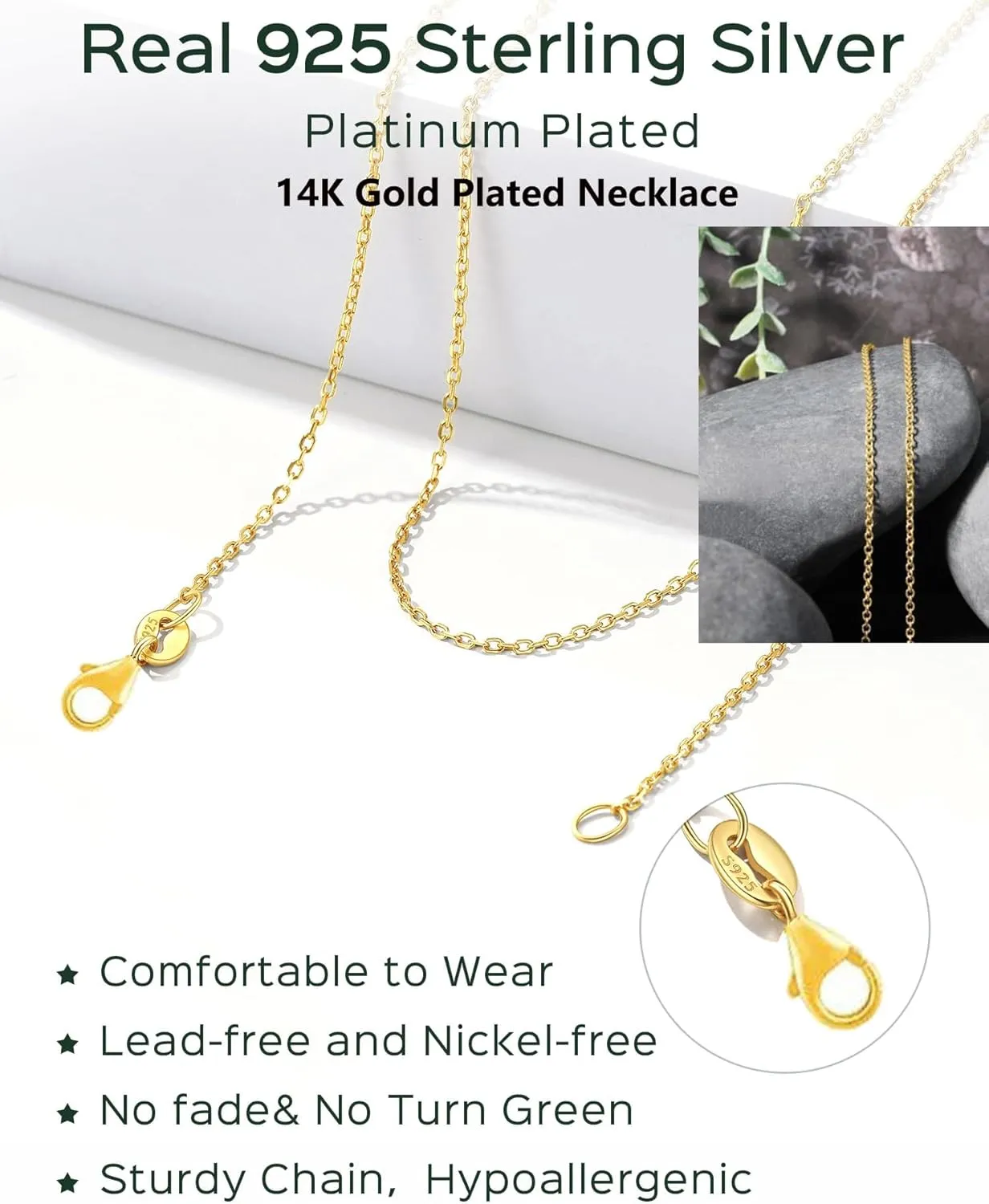 14k Gold Over 925 Sterling Silver Chain Necklace for Women Layering Necklaces 18" 1.6mm Cable Chain Necklace Sturdy & Shiny Women's Gold Chain Necklaces Upgraded Spring-Ring Clasp