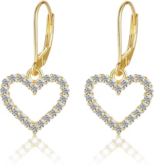 14K Gold Plated Sterling Silver Lever Back Heart Earrings for Women, Leverback CZ Heart Hoop Earrings Hypoallergenic Jewelry Gift