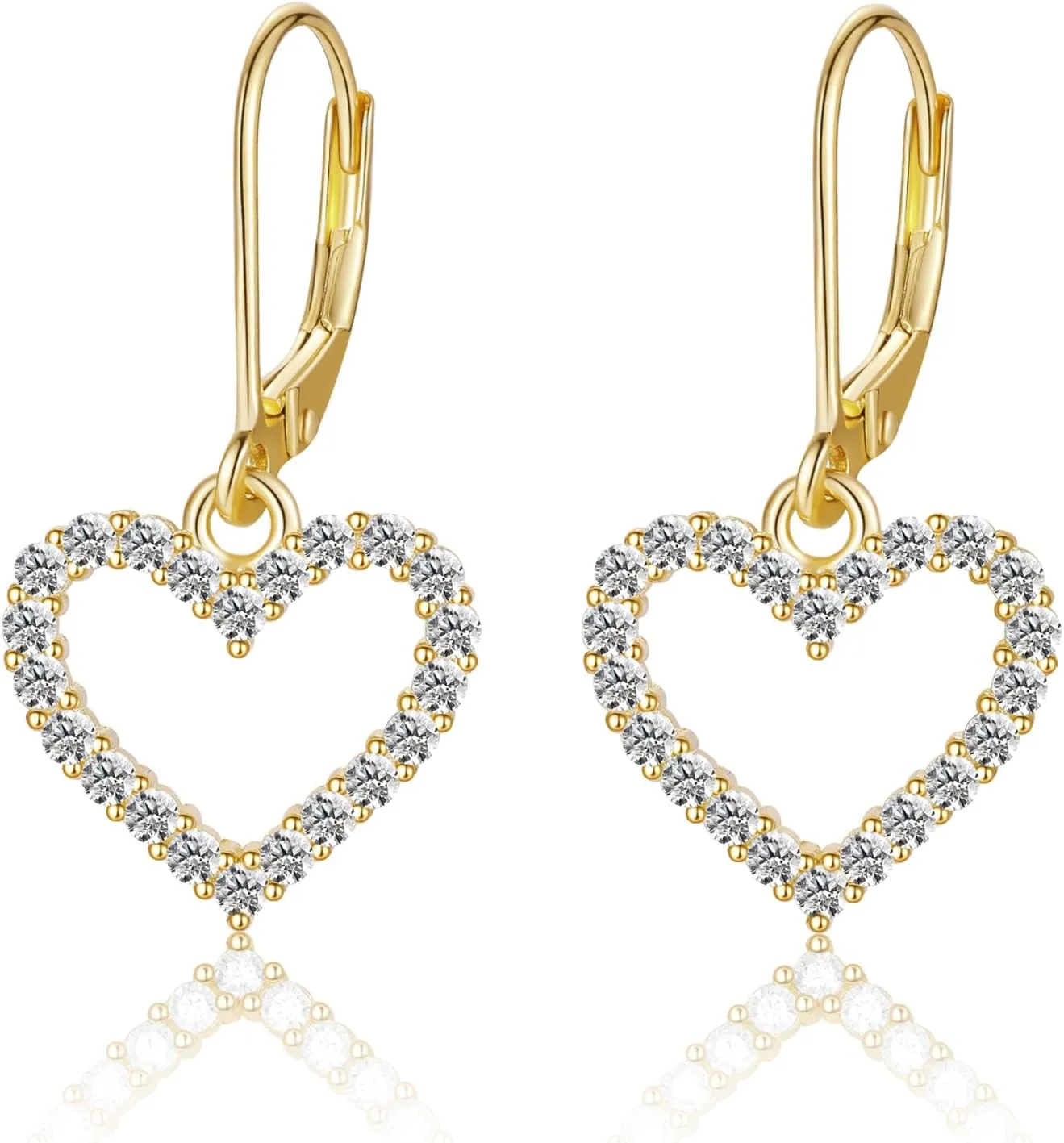 14K Gold Plated Sterling Silver Lever Back Heart Earrings for Women, Leverback CZ Heart Hoop Earrings Hypoallergenic Jewelry Gift