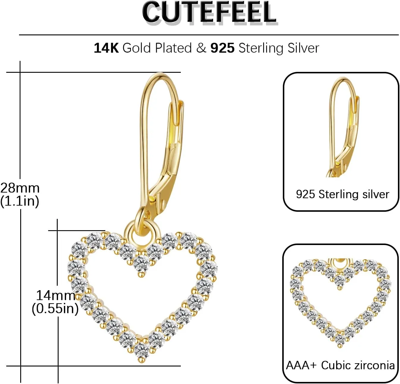 14K Gold Plated Sterling Silver Lever Back Heart Earrings for Women, Leverback CZ Heart Hoop Earrings Hypoallergenic Jewelry Gift
