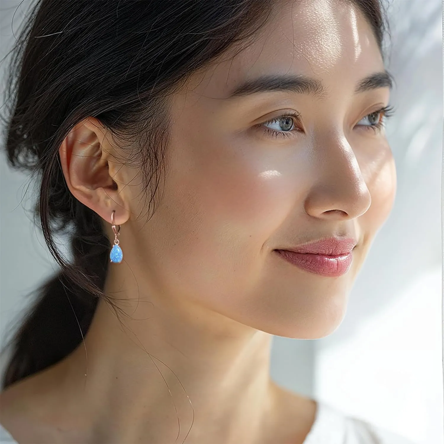 14K Rose Gold Plated Blue Opal Leverback Earrings - Drop Earrings for Women - October Birthstone, Handmade 7x10 mm Teardrop Gemstone Vintage Jewelry - Trendy and Classic Elegant Gift for Women