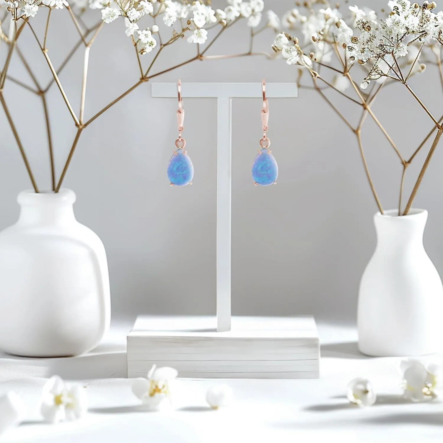 14K Rose Gold Plated Blue Opal Leverback Earrings - Drop Earrings for Women - October Birthstone, Handmade 7x10 mm Teardrop Gemstone Vintage Jewelry - Trendy and Classic Elegant Gift for Women