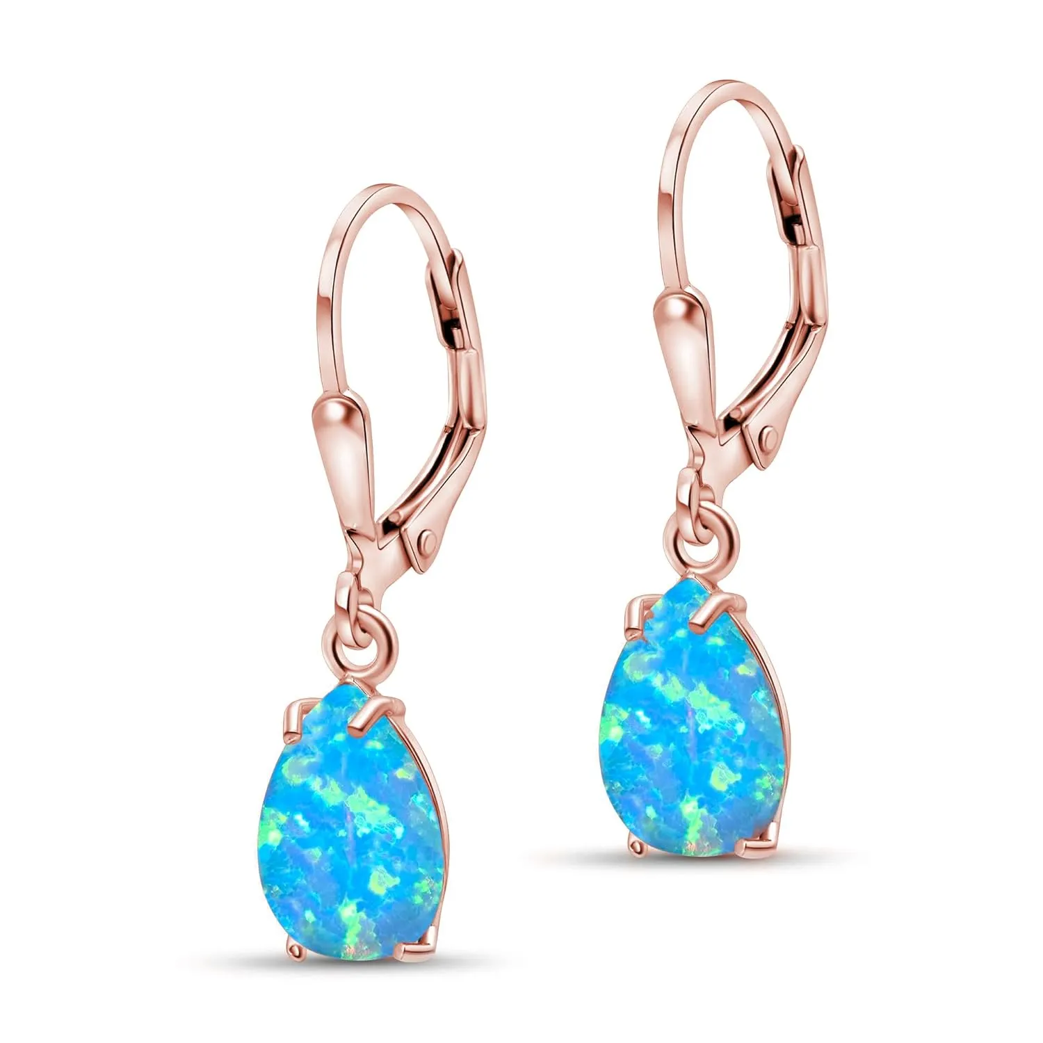 14K Rose Gold Plated Blue Opal Leverback Earrings - Drop Earrings for Women - October Birthstone, Handmade 7x10 mm Teardrop Gemstone Vintage Jewelry - Trendy and Classic Elegant Gift for Women
