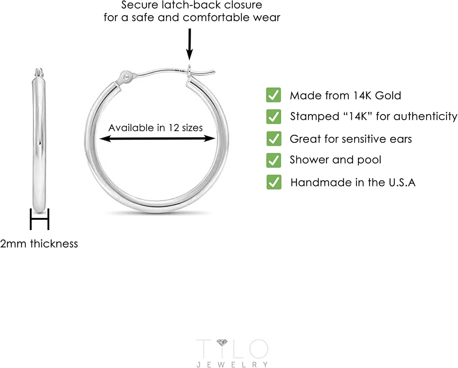 14k White Gold Classic Round Hoop Earrings