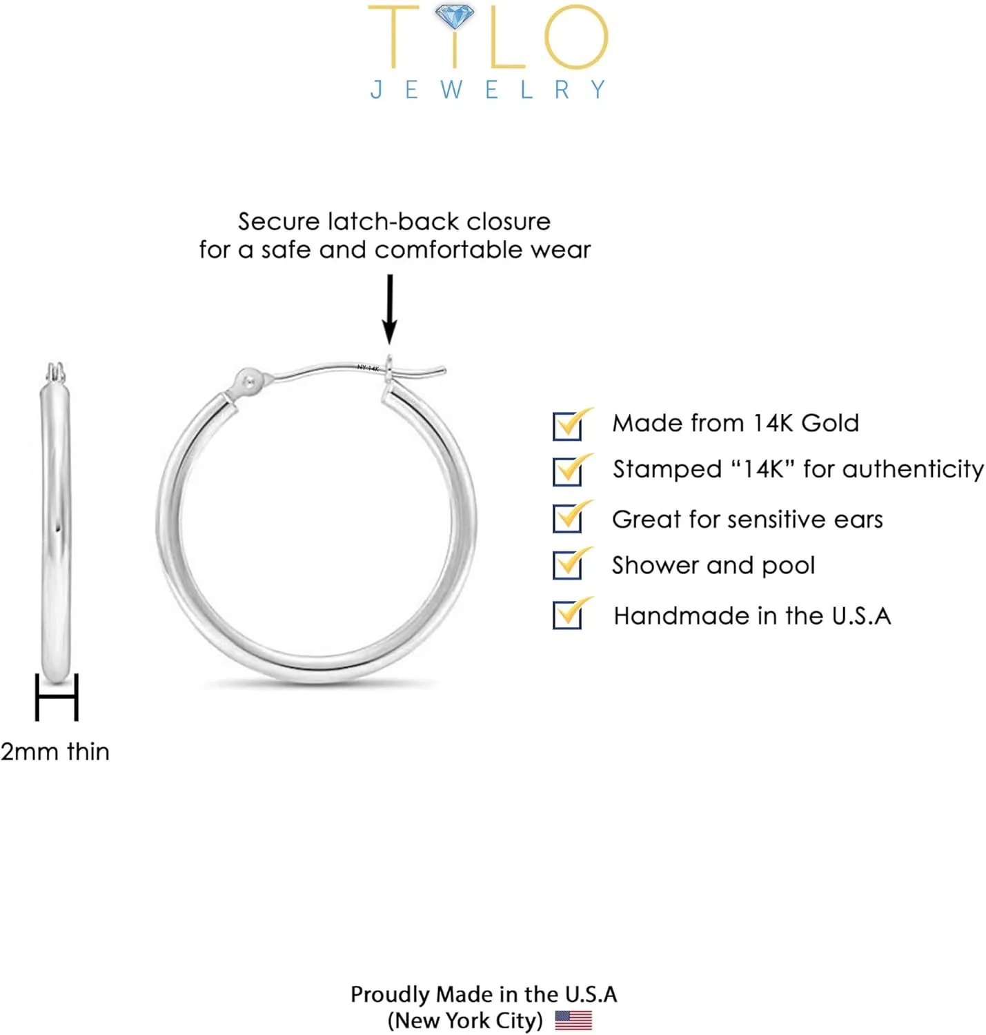 14k White Gold Classic Round Hoop Earrings