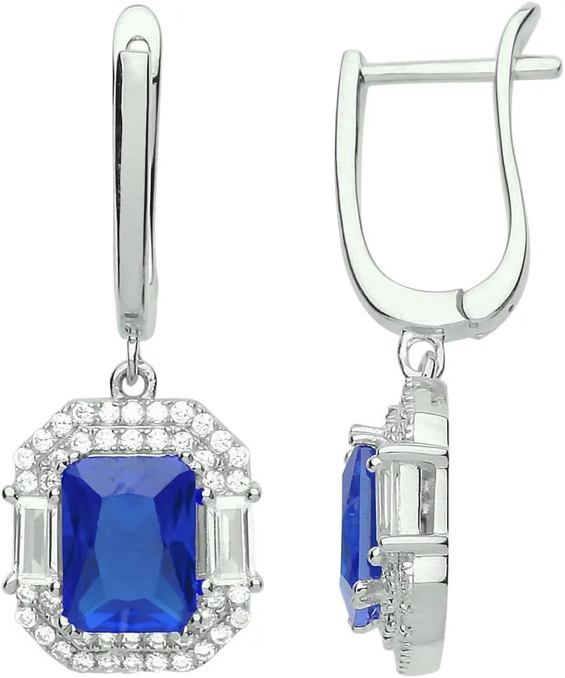 14k White Gold Finish 2.00 Ct Emerald Cut Blue Sapphire Clip On Trendy Womens Drop and Dangle Earrings
