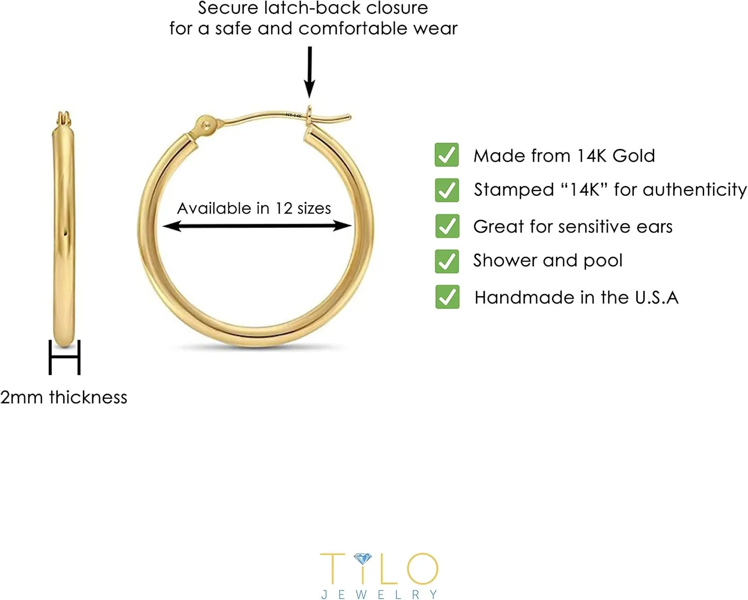 14k Yellow Gold Classic Shiny Polished Round Hoop Earrings, 2mm tube