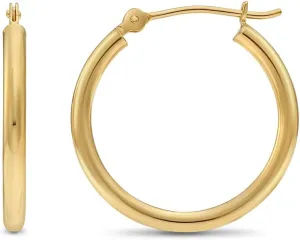 14k Yellow Gold Classic Shiny Polished Round Hoop Earrings, 2mm tube