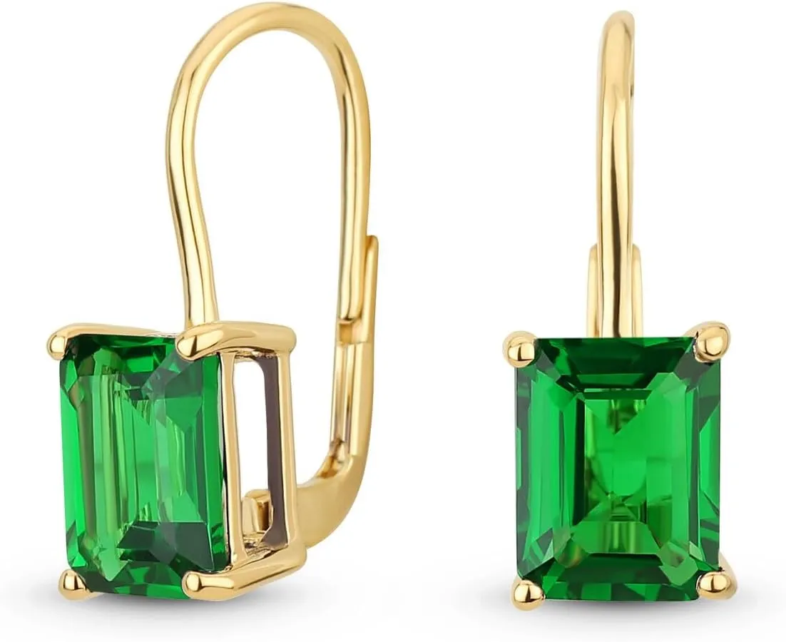 14k Yellow Gold Finish 2.00 Ct Emerald Cut Green Emerald Solitaire Womens Drop & Dangle Earrings