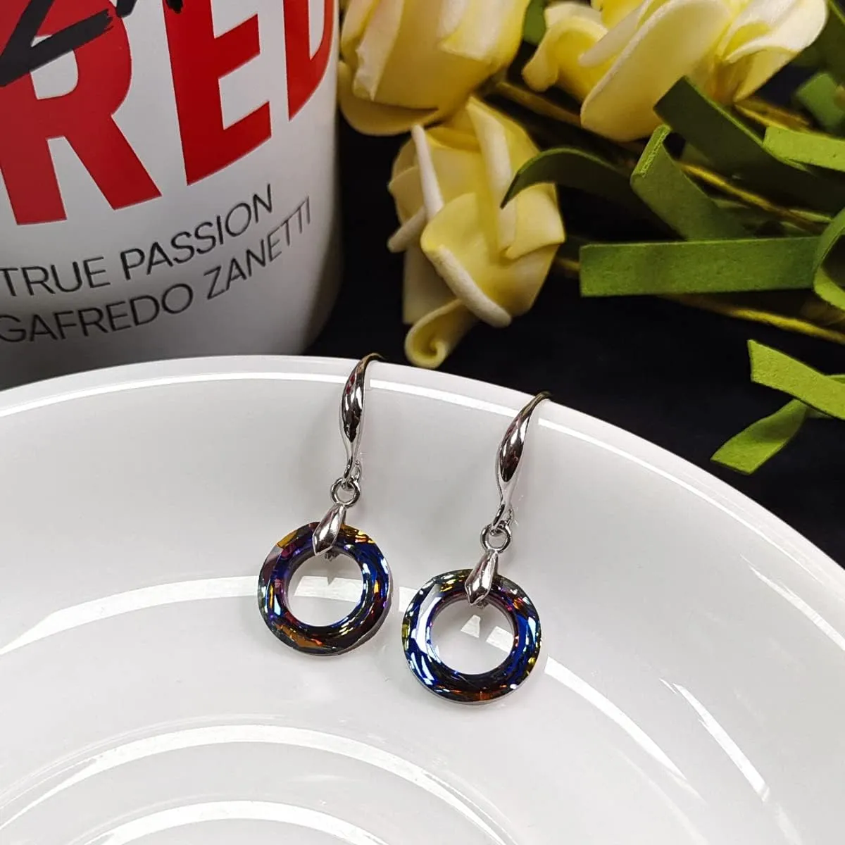 14mm Circle Round Crystal Fishhook Earrings with Swarovski Crystals Classic Fishhook Shape Ear Hook Women's Gifts,14K Platinum-Plated Mothers Day Gifts
