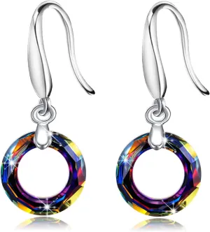 14mm Circle Round Crystal Fishhook Earrings with Swarovski Crystals Classic Fishhook Shape Ear Hook Women's Gifts,14K Platinum-Plated Mothers Day Gifts