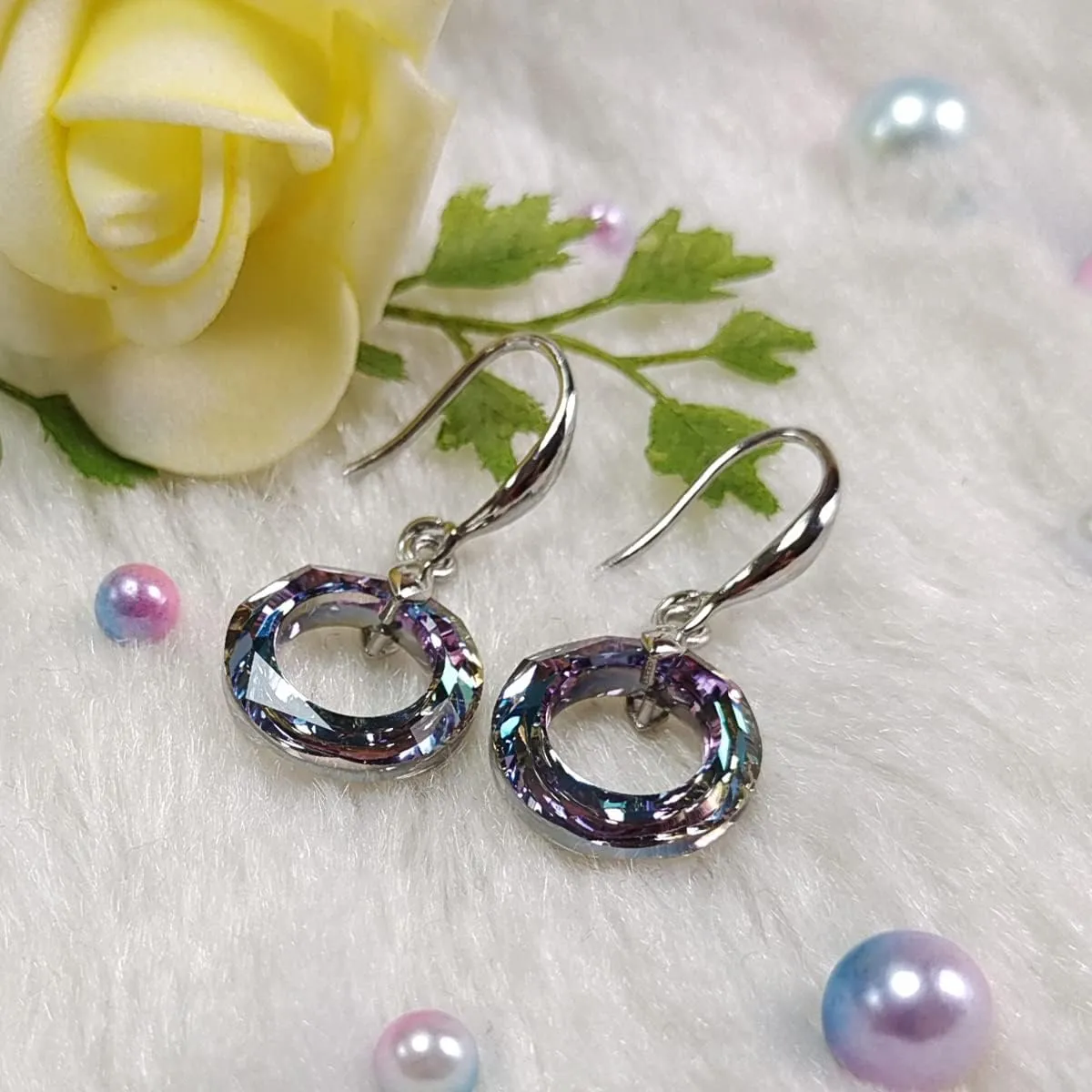 14mm Circle Round Crystal Fishhook Earrings with Swarovski Crystals Classic Fishhook Shape Ear Hook Women's Gifts,14K Platinum-Plated Mothers Day Gifts
