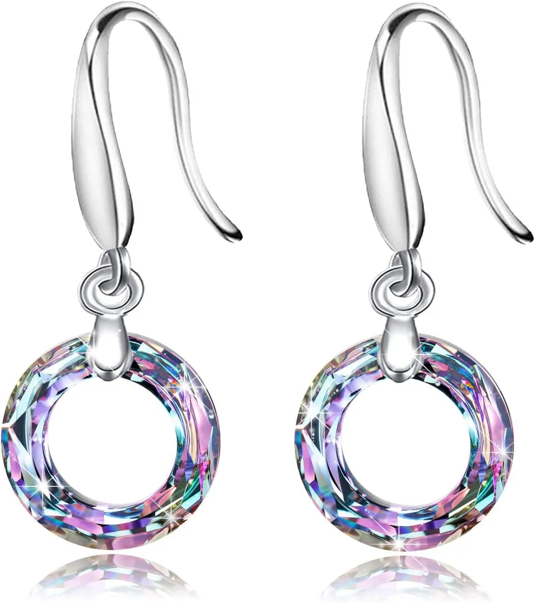 14mm Circle Round Crystal Fishhook Earrings with Swarovski Crystals Classic Fishhook Shape Ear Hook Women's Gifts,14K Platinum-Plated Mothers Day Gifts