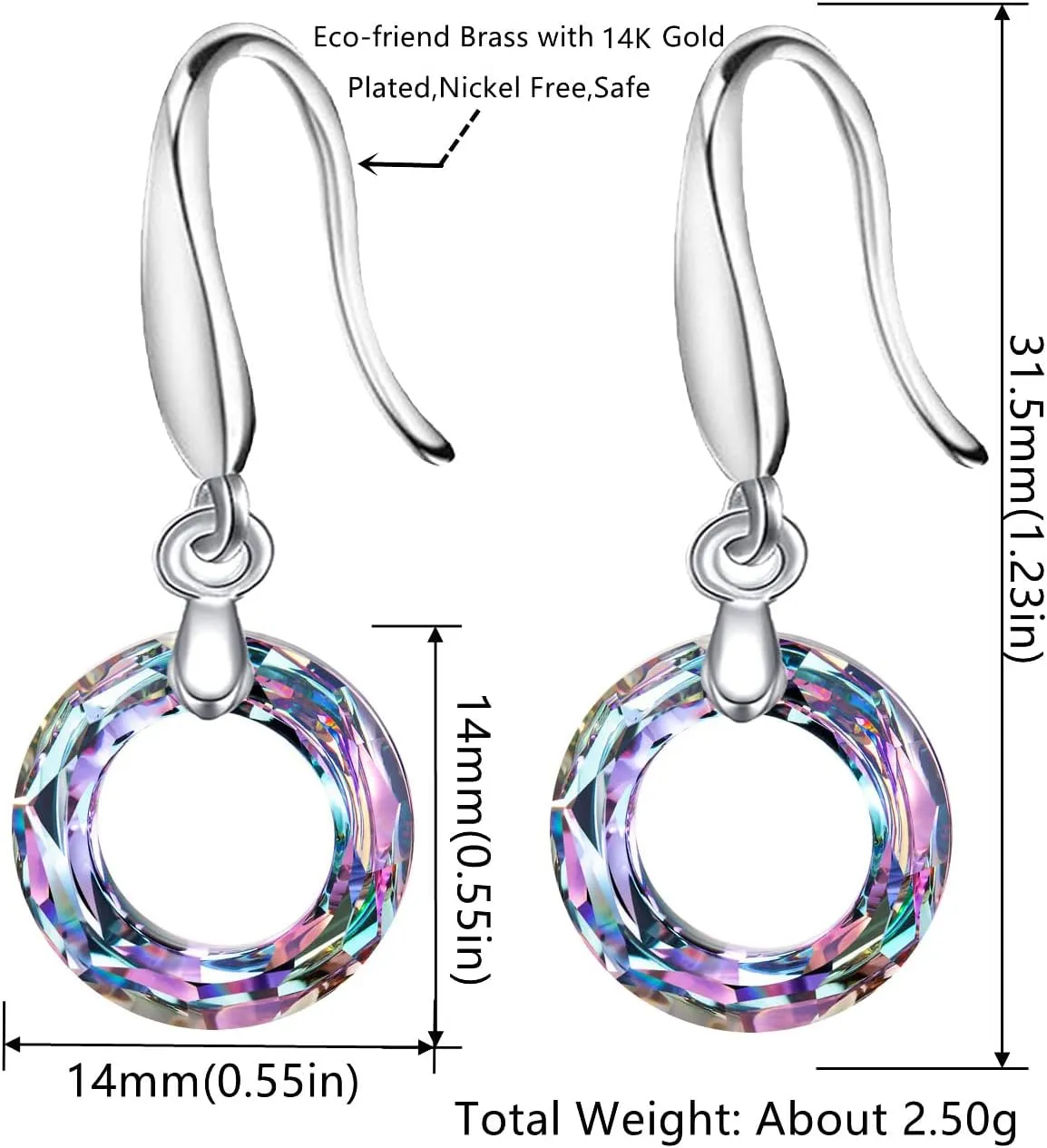 14mm Circle Round Crystal Fishhook Earrings with Swarovski Crystals Classic Fishhook Shape Ear Hook Women's Gifts,14K Platinum-Plated Mothers Day Gifts