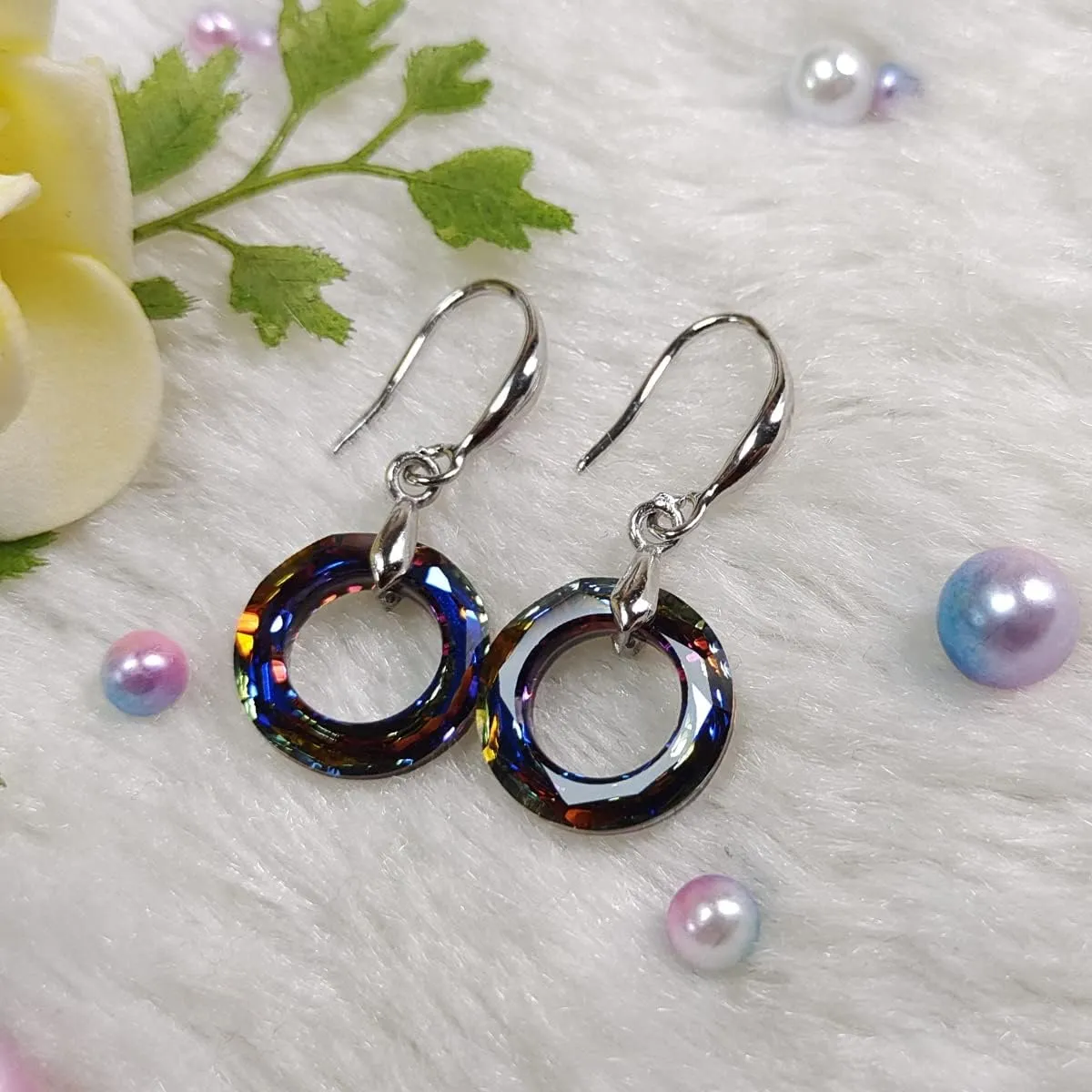 14mm Circle Round Crystal Fishhook Earrings with Swarovski Crystals Classic Fishhook Shape Ear Hook Women's Gifts,14K Platinum-Plated Mothers Day Gifts
