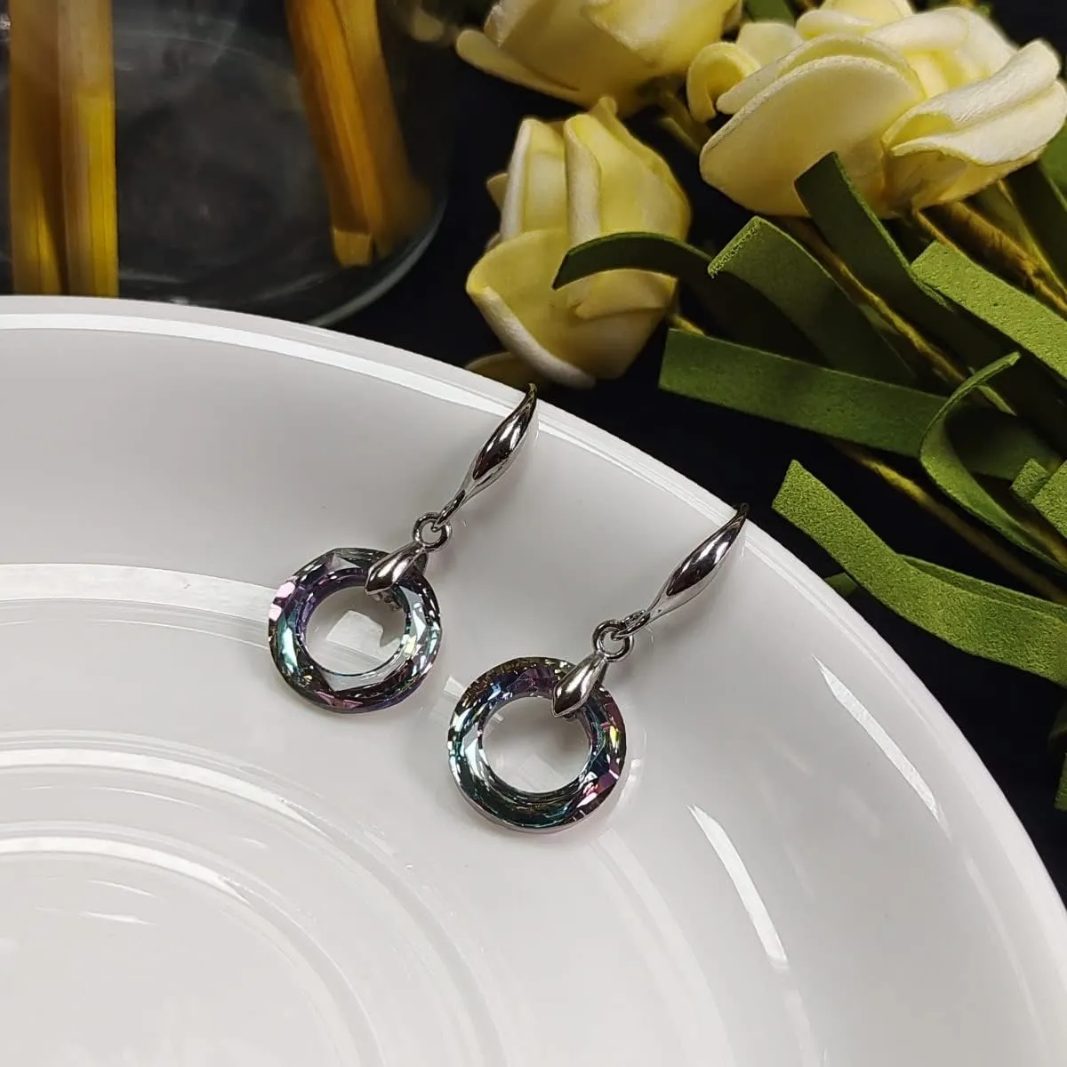 14mm Circle Round Crystal Fishhook Earrings with Swarovski Crystals Classic Fishhook Shape Ear Hook Women's Gifts,14K Platinum-Plated Mothers Day Gifts