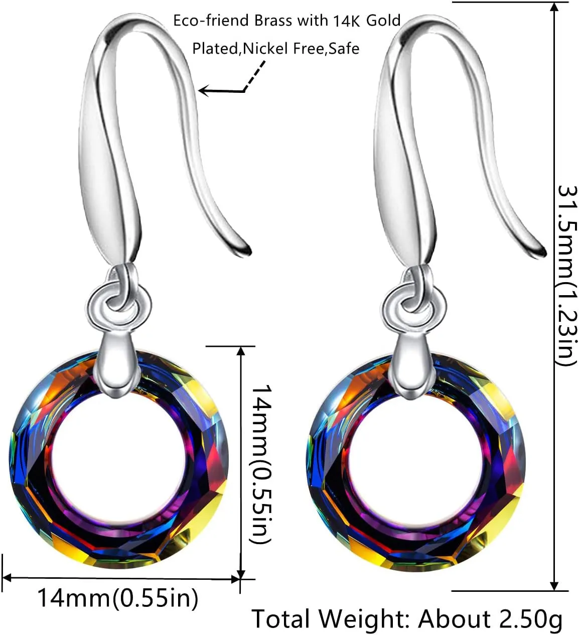 14mm Circle Round Crystal Fishhook Earrings with Swarovski Crystals Classic Fishhook Shape Ear Hook Women's Gifts,14K Platinum-Plated Mothers Day Gifts