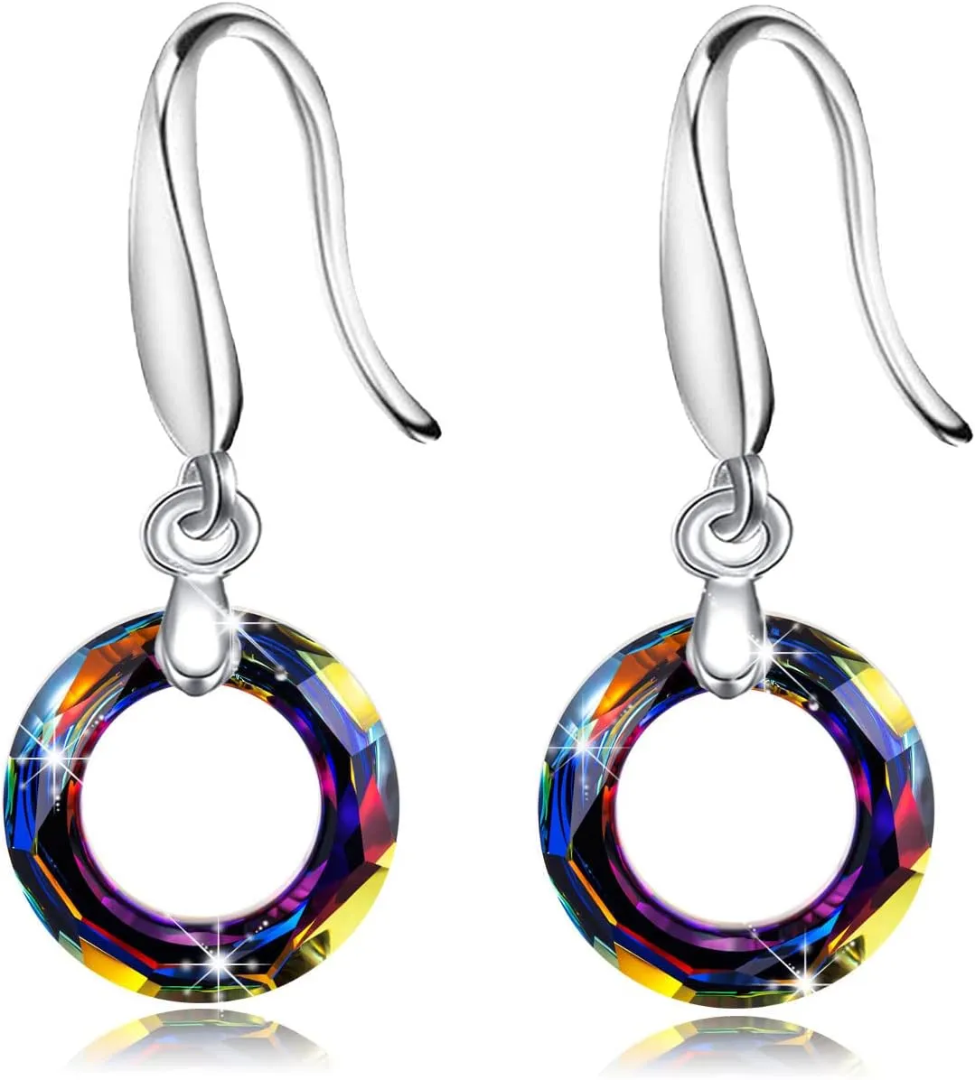 14mm Circle Round Crystal Fishhook Earrings with Swarovski Crystals Classic Fishhook Shape Ear Hook Women's Gifts,14K Platinum-Plated Mothers Day Gifts