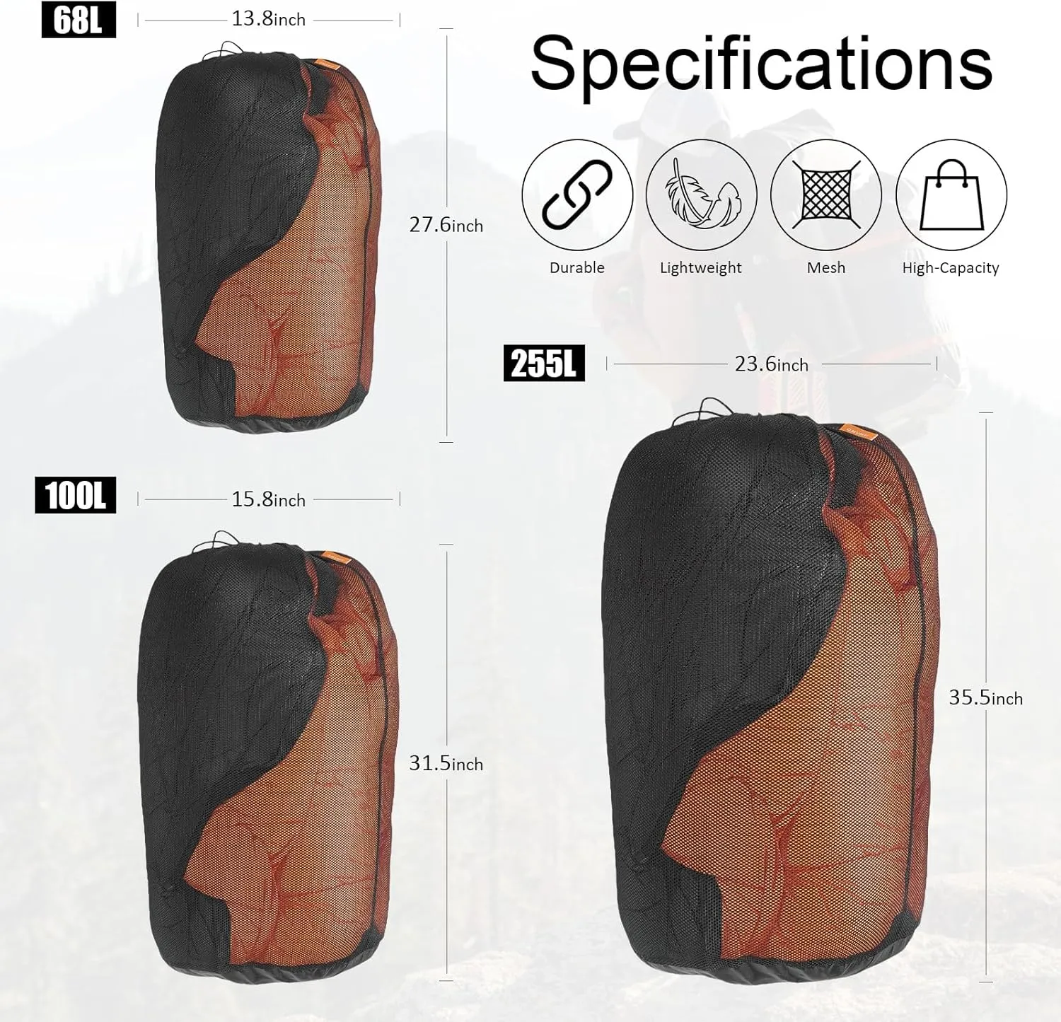 1Pcs 255L Mesh Sleeping Bag Storage Sack Stuff Sack Mesh Laundry Bag Drawstring BagTear-Resistant Polyester Mesh,300D Oxford Bottom,Anti-Dirt and Water-Resistant.