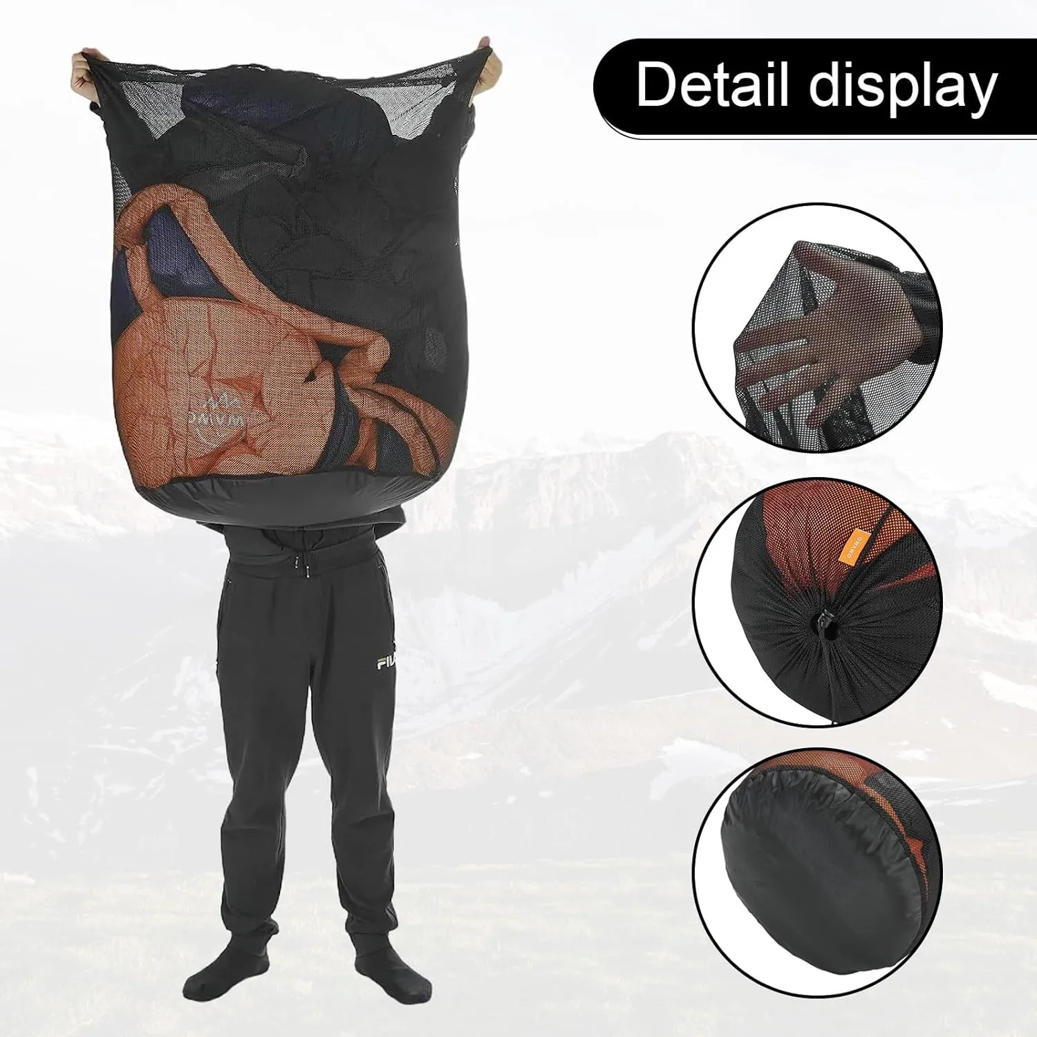 1Pcs 255L Mesh Sleeping Bag Storage Sack Stuff Sack Mesh Laundry Bag Drawstring BagTear-Resistant Polyester Mesh,300D Oxford Bottom,Anti-Dirt and Water-Resistant.