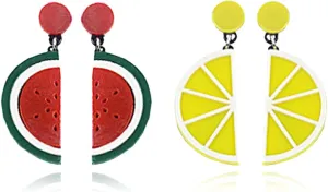 2 Pairs Acrylic Lovely Watermelon Lemon Slices Semicircle Round Fruits Drop Earrings for Women