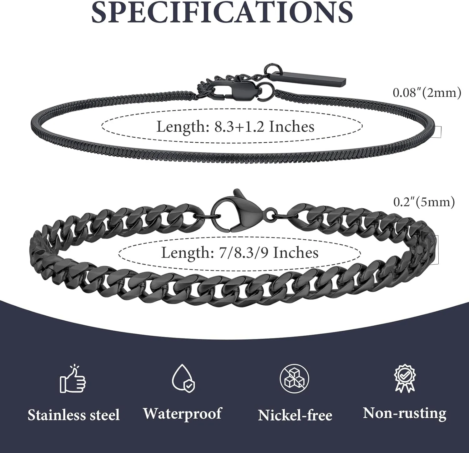 2 Pcs Chain Bracelets for Men -Stackable Stylish Waterproof Layered Cuff Bangle Snake Box Chain Cuban Link Chain Bangle Bracelet Set Mens Jewelry Gifts to Men Boyfriend Son Dad Husband for Him