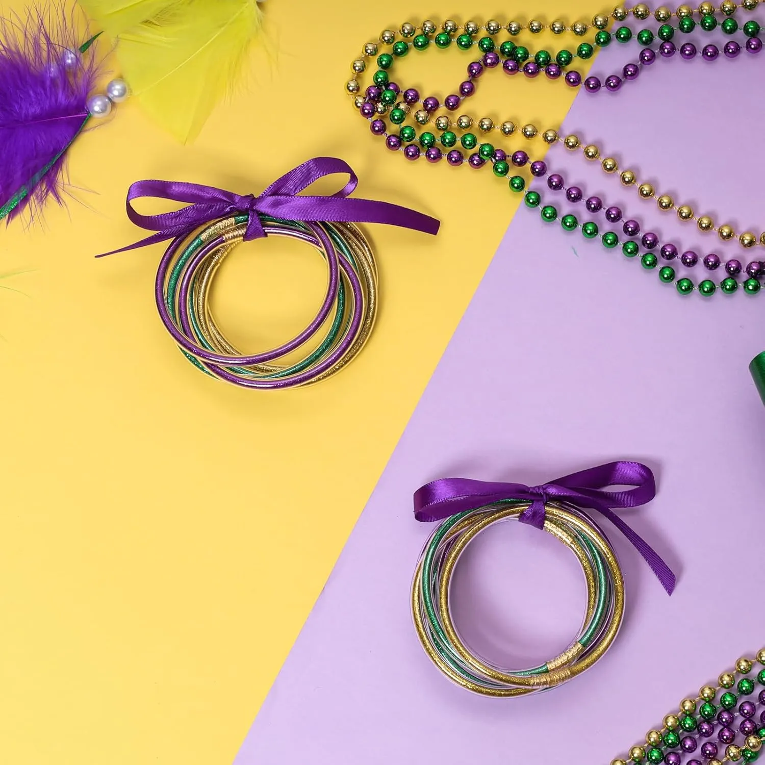 2 Pcs Mardi Gras Glitter Jelly Bangles Mardi Gras Bracelets Glitter Filled Jelly Silicone Bracelets Purple Green Gold Bracelets Set for Women Girls