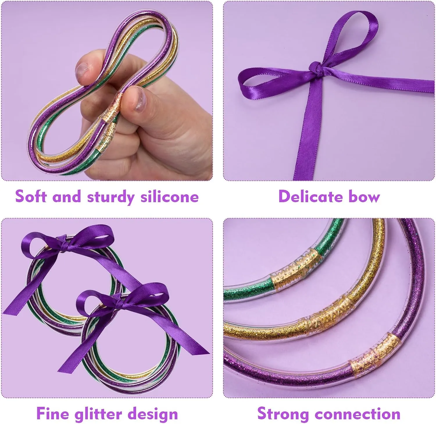 2 Pcs Mardi Gras Glitter Jelly Bangles Mardi Gras Bracelets Glitter Filled Jelly Silicone Bracelets Purple Green Gold Bracelets Set for Women Girls