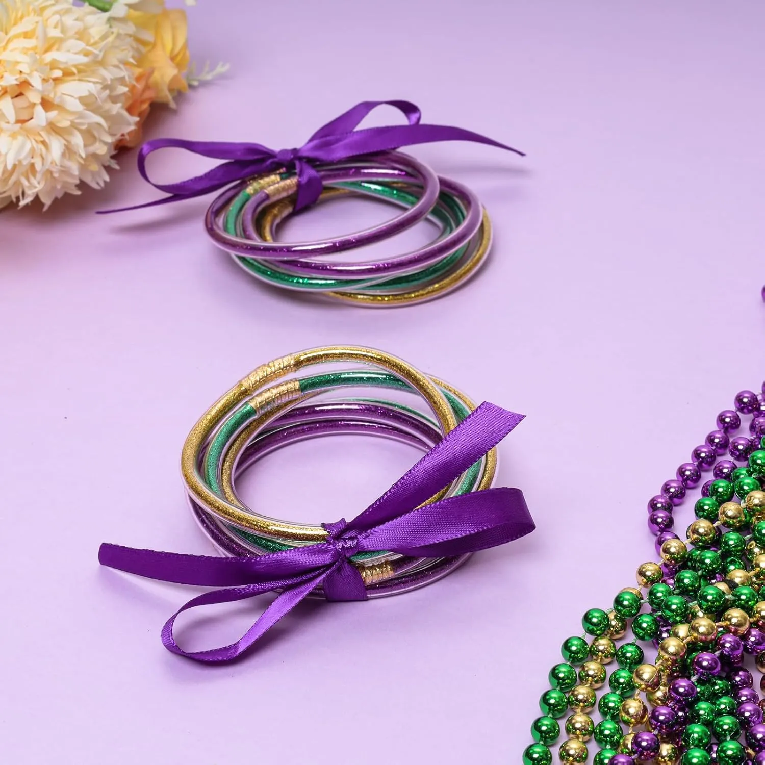 2 Pcs Mardi Gras Glitter Jelly Bangles Mardi Gras Bracelets Glitter Filled Jelly Silicone Bracelets Purple Green Gold Bracelets Set for Women Girls