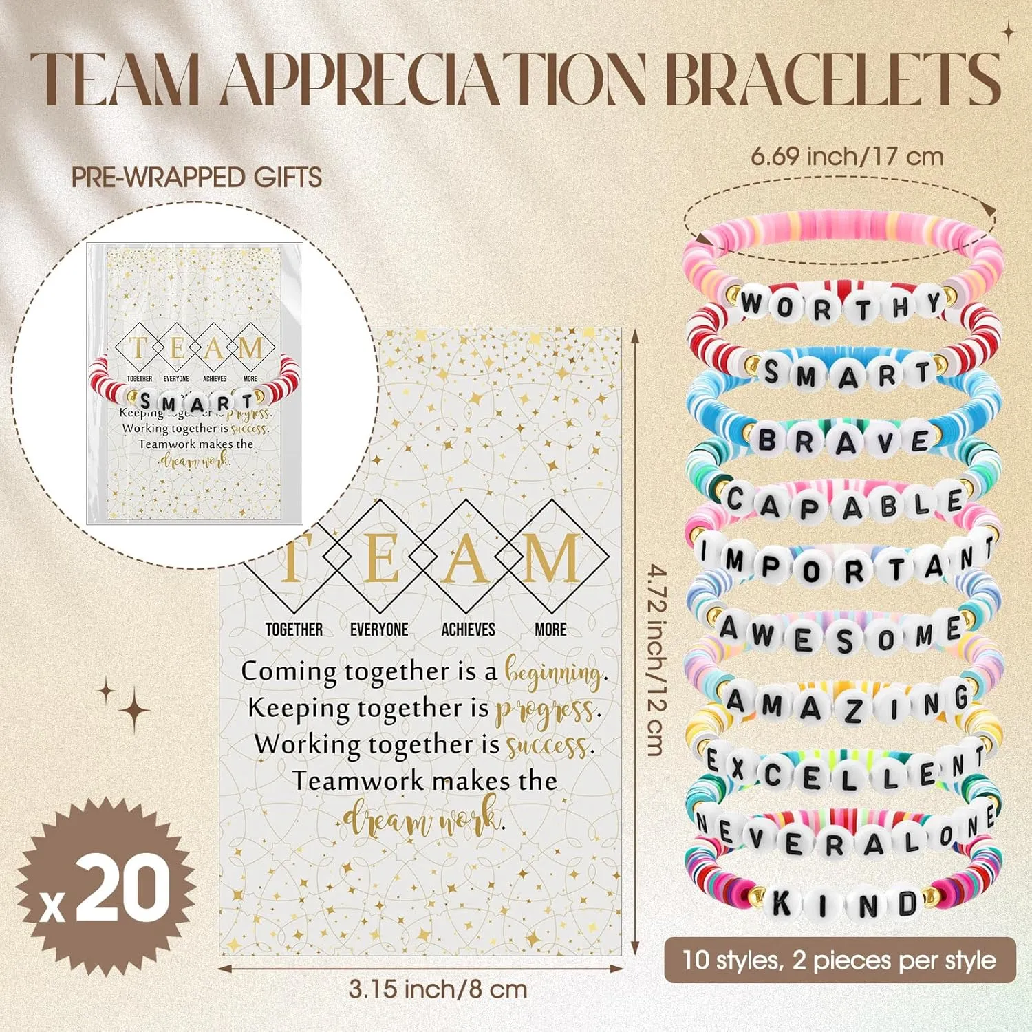20 Set Team Appreciation Gifts Inspirational Bracelets Bulk Friendship Clay Beaded Bracelets with Wish Card Thank You Gift for Employees Coworker Staff Teacher Nurse CNA Week