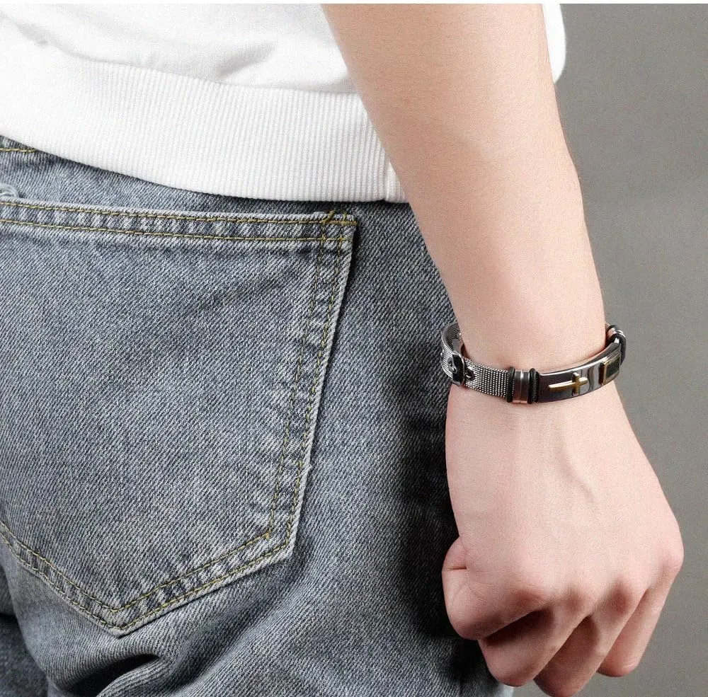 2025 ULtimate Mens bracelet,Black bracelets for men,Stylish Adjustable Cross Stainless Steel Mesh Chain Wrist Band men's jewelry braclets for man,male coworkers string ideas cool braclets hip hop