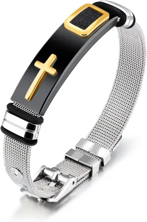 2025 ULtimate Mens bracelet,Black bracelets for men,Stylish Adjustable Cross Stainless Steel Mesh Chain Wrist Band men's jewelry braclets for man,male coworkers string ideas cool braclets hip hop